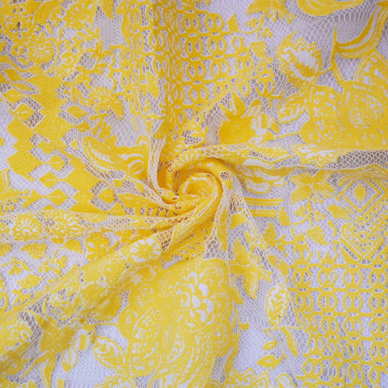 White-Yellow Cotton Nylon Floral Multi Pattern Printed Crochet Lace Knit Fabric By the Yard